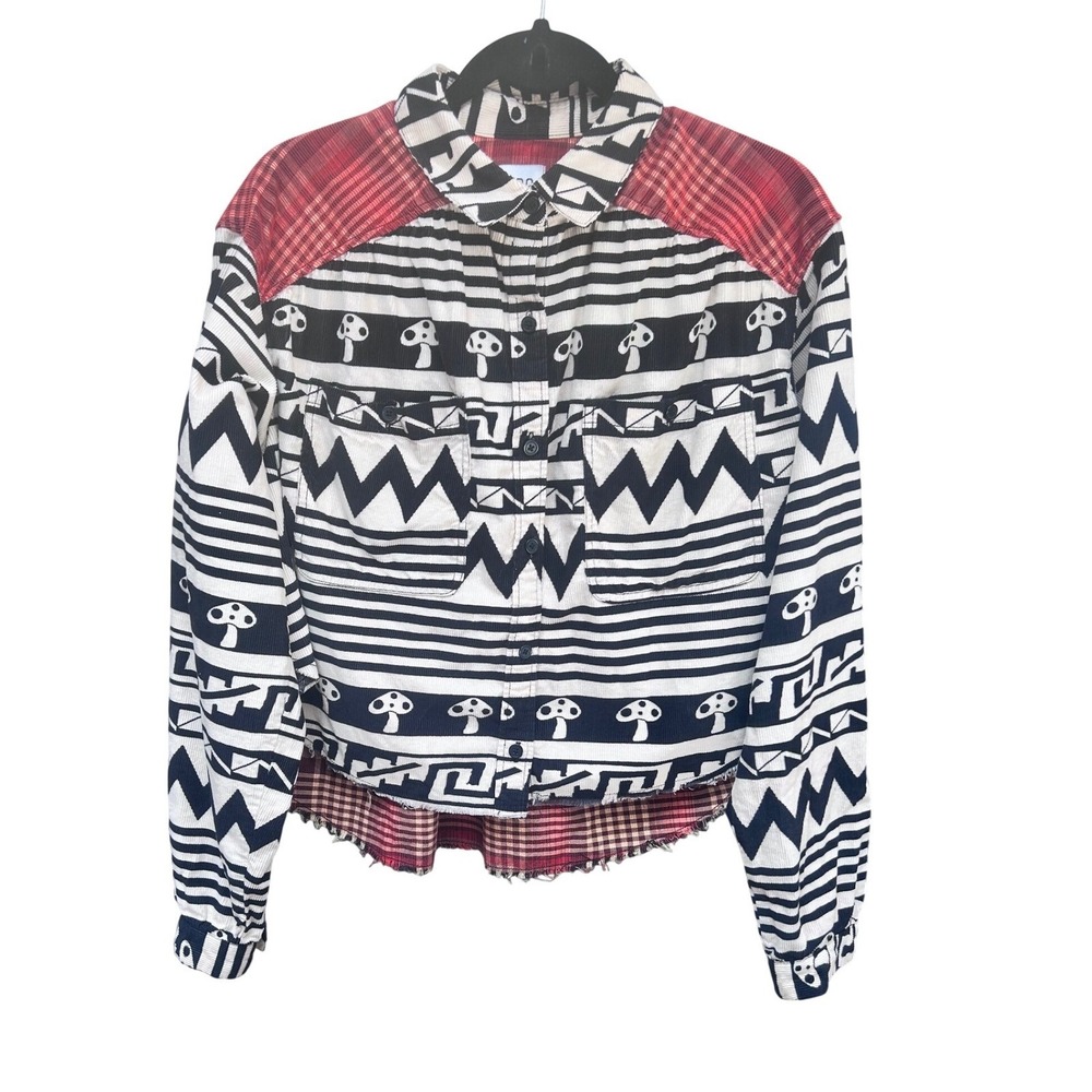 BDG Urban Outfitters Mushroom Corduroy Plaid Flannel Mixed Media Shirt Large - Picture 2 of 5